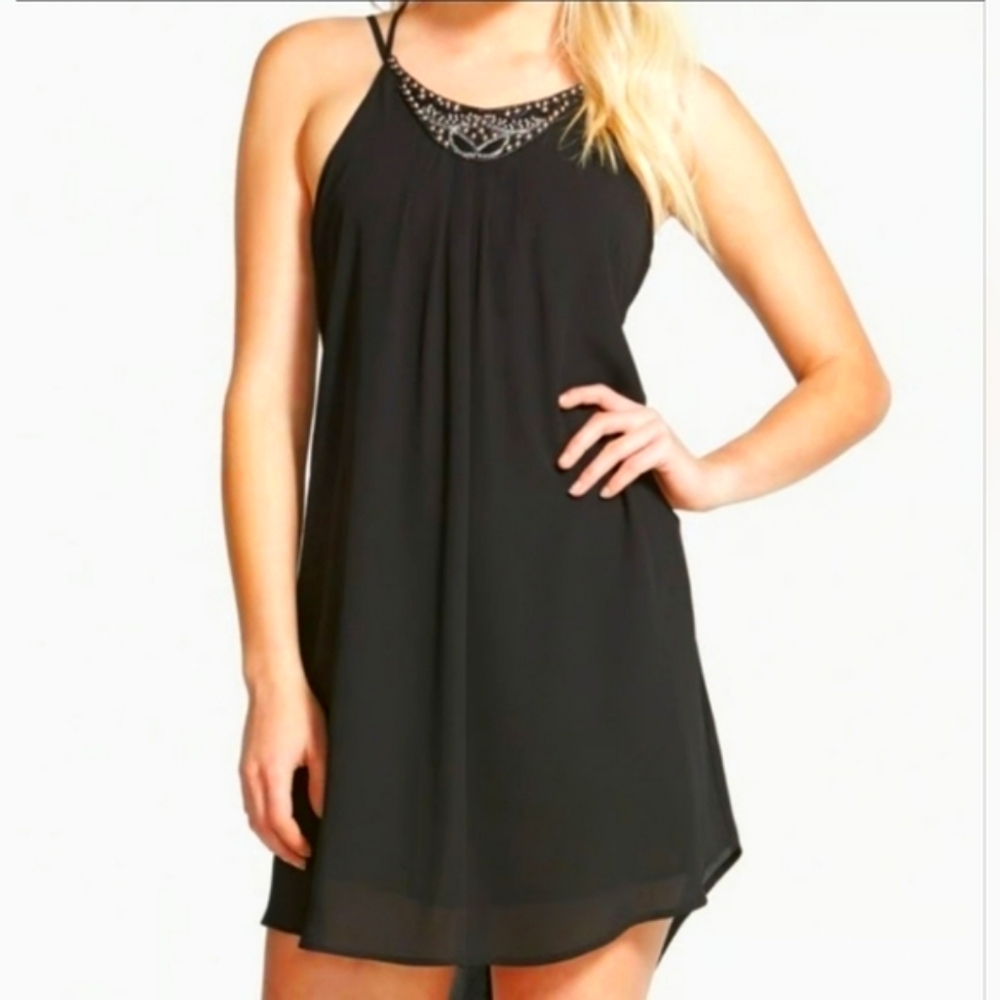 ASTR Black Sheer Lined Flowy Sleeveless Mini Dress Bead Accents Size XS
